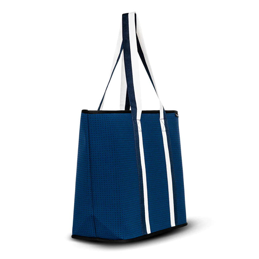 neoprene zip tote bag - navy with blue & white strap