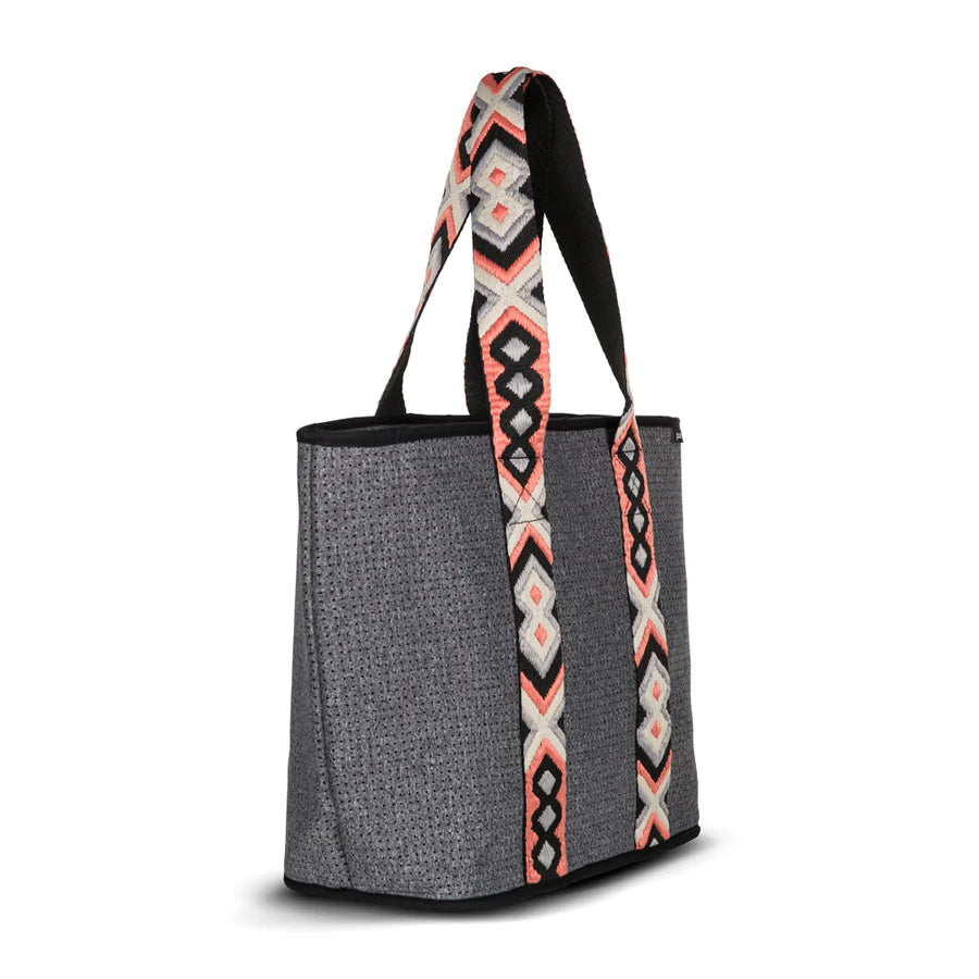neoprene fancy zip tote bag - melange grey and orange strap
