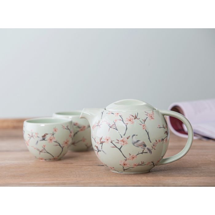 leaf & bean volary teapot with cups 3pce set