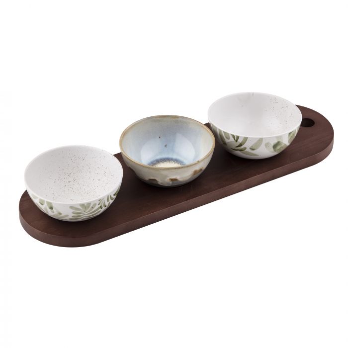 taste adriatic serving set on paddle 4pce seafoam/pine/grey/natural bowl 11x11x4.5cm/ paddle 40x13x1.2cm