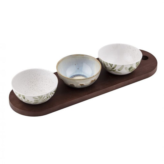 taste adriatic serving set on paddle 4pce seafoam/pine/grey/natural bowl 11x11x4.5cm/ paddle 40x13x1.2cm