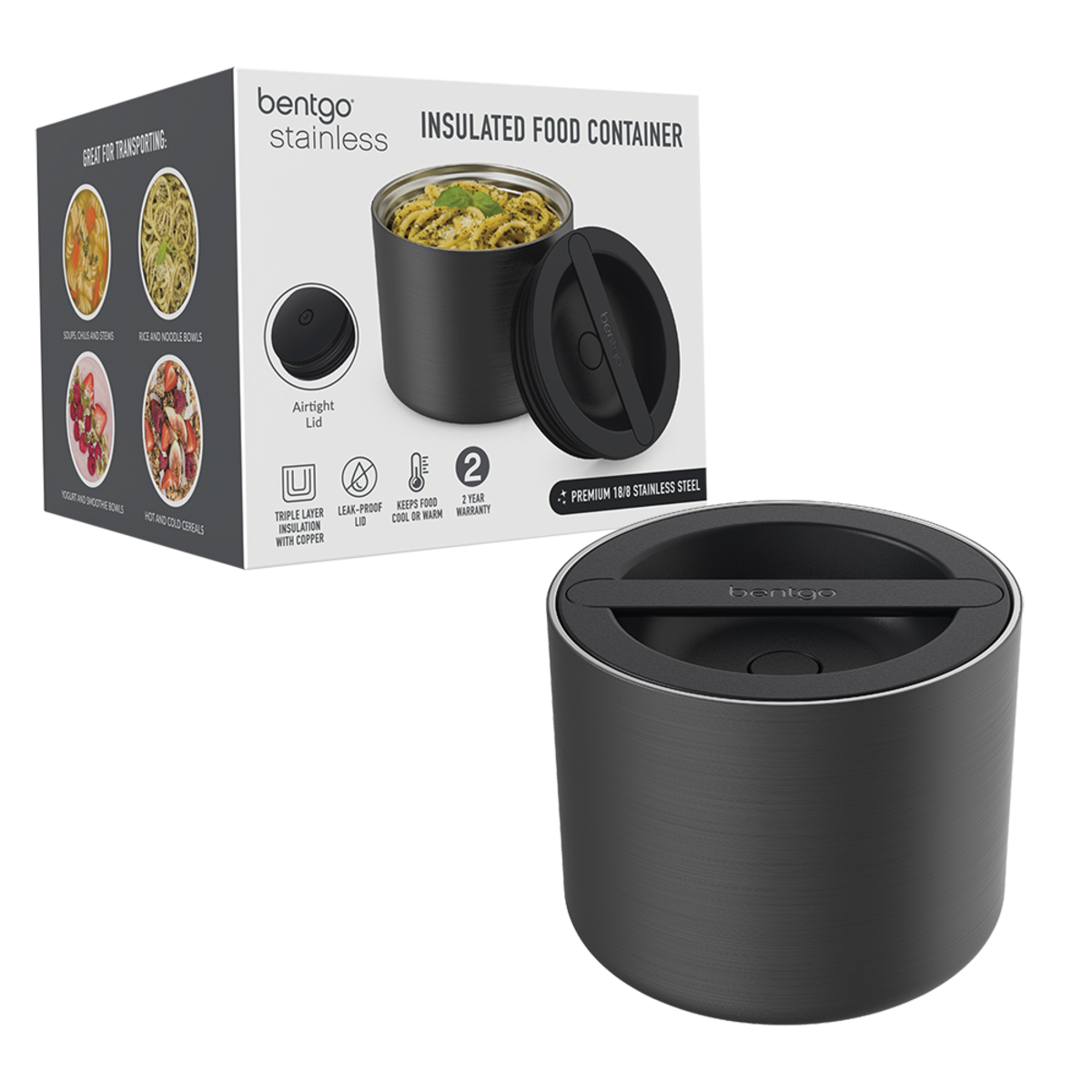 bentgo stainless steel insulated food container 560ml - black