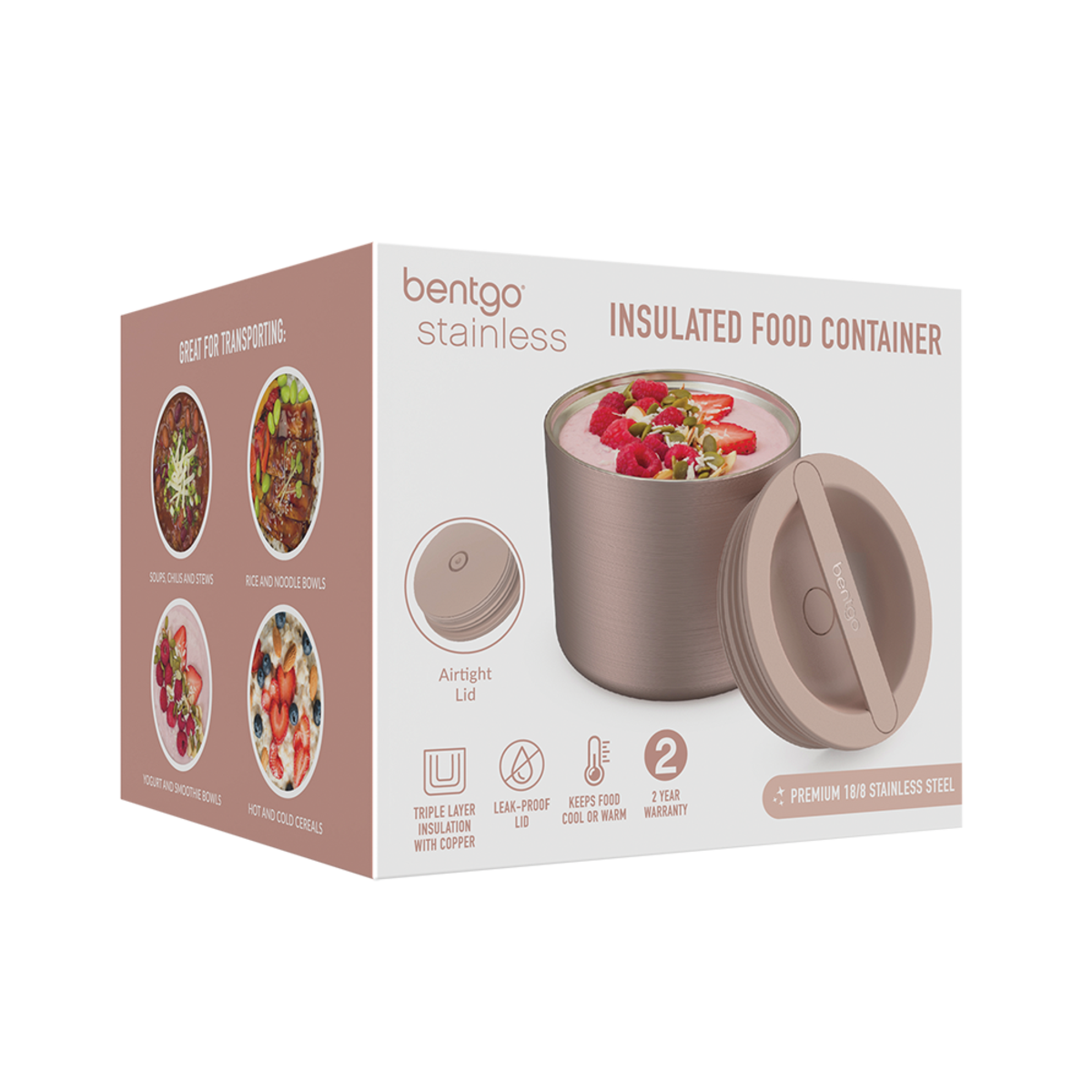 bentgo stainless steel insulated food container 560ml - rose gold