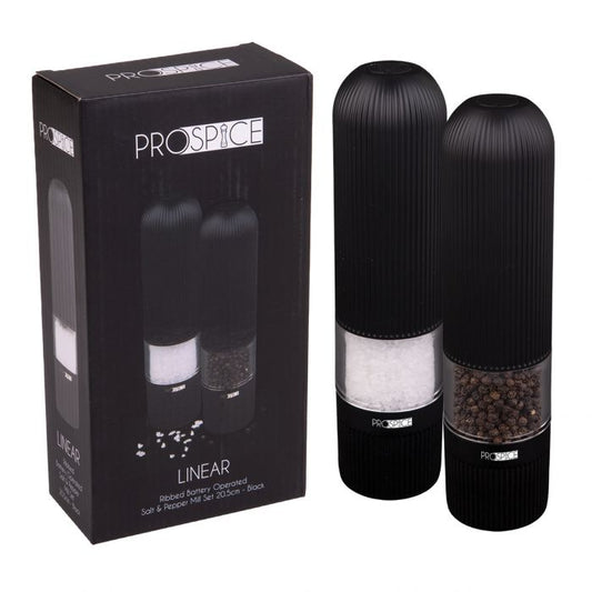 prospice "linear" ribbed battery operated salt & pepper mill set 20.5cm - black