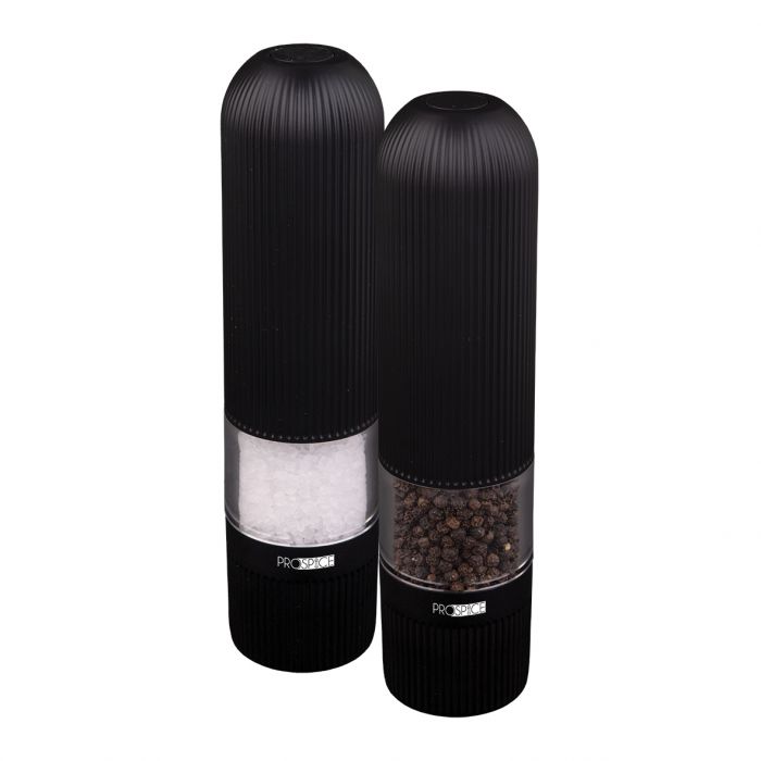 prospice "linear" ribbed battery operated salt & pepper mill set 20.5cm - black