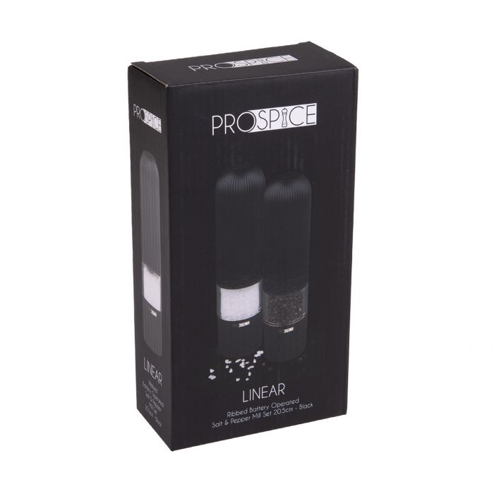 prospice "linear" ribbed battery operated salt & pepper mill set 20.5cm - black