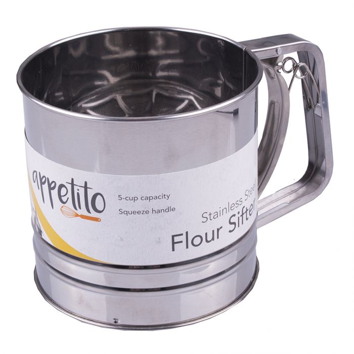 appetito stainless steel 5 cup squeeze action flour sifter