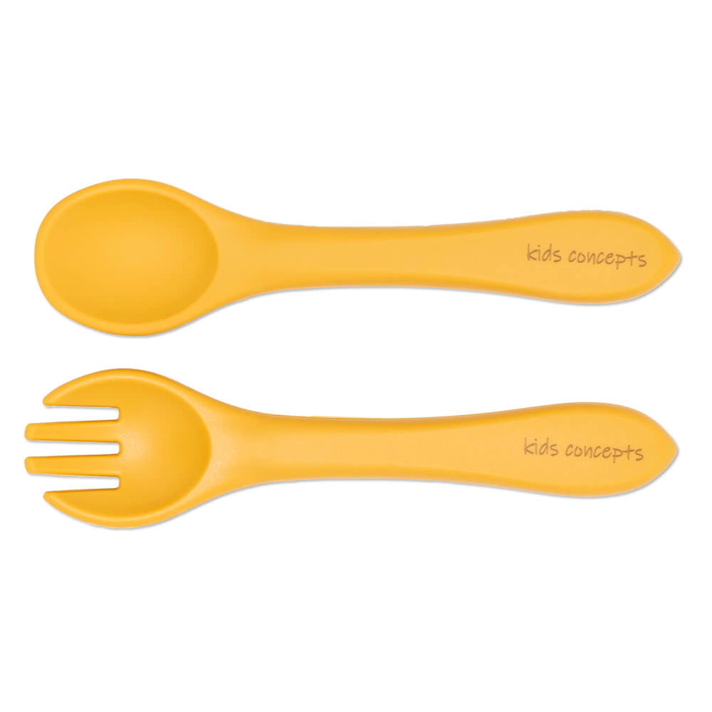 kids concepts soft silicone fork and spoon set - mustard