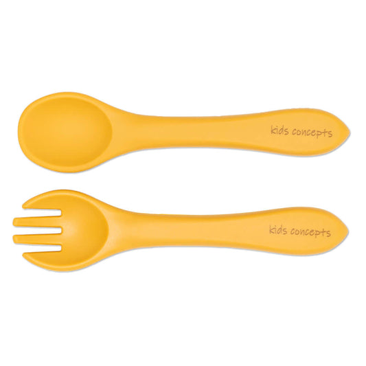 kids concepts soft silicone fork and spoon set - mustard