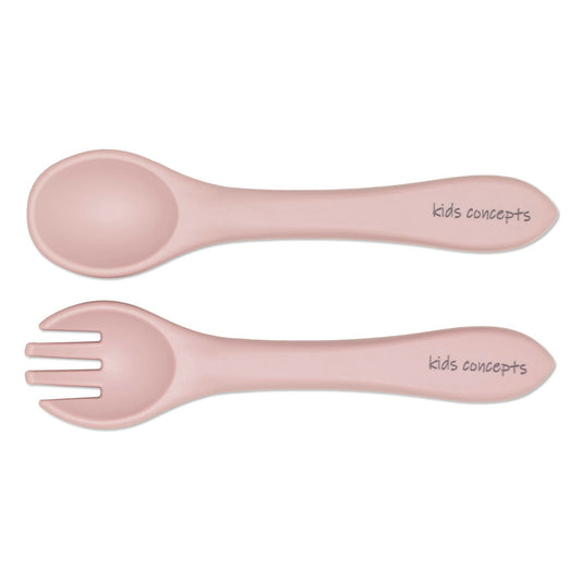 kids concepts soft silicone fork and spoon set - dusty pink