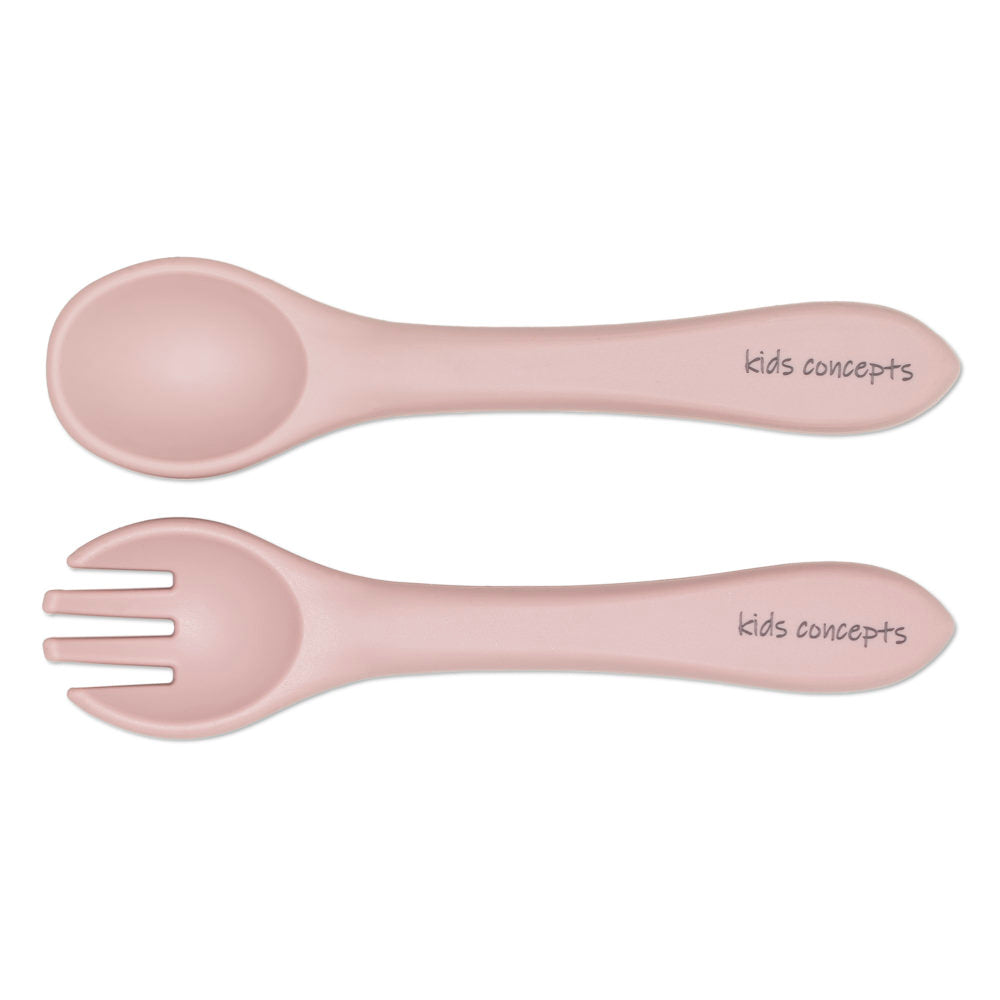 kids concepts soft silicone fork and spoon set - dusty pink