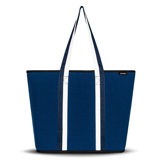 neoprene zip tote bag - navy with blue & white strap