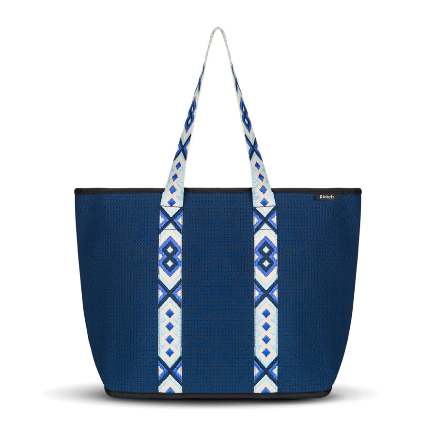 neoprene fancy zip tote bag - navy and blue strap