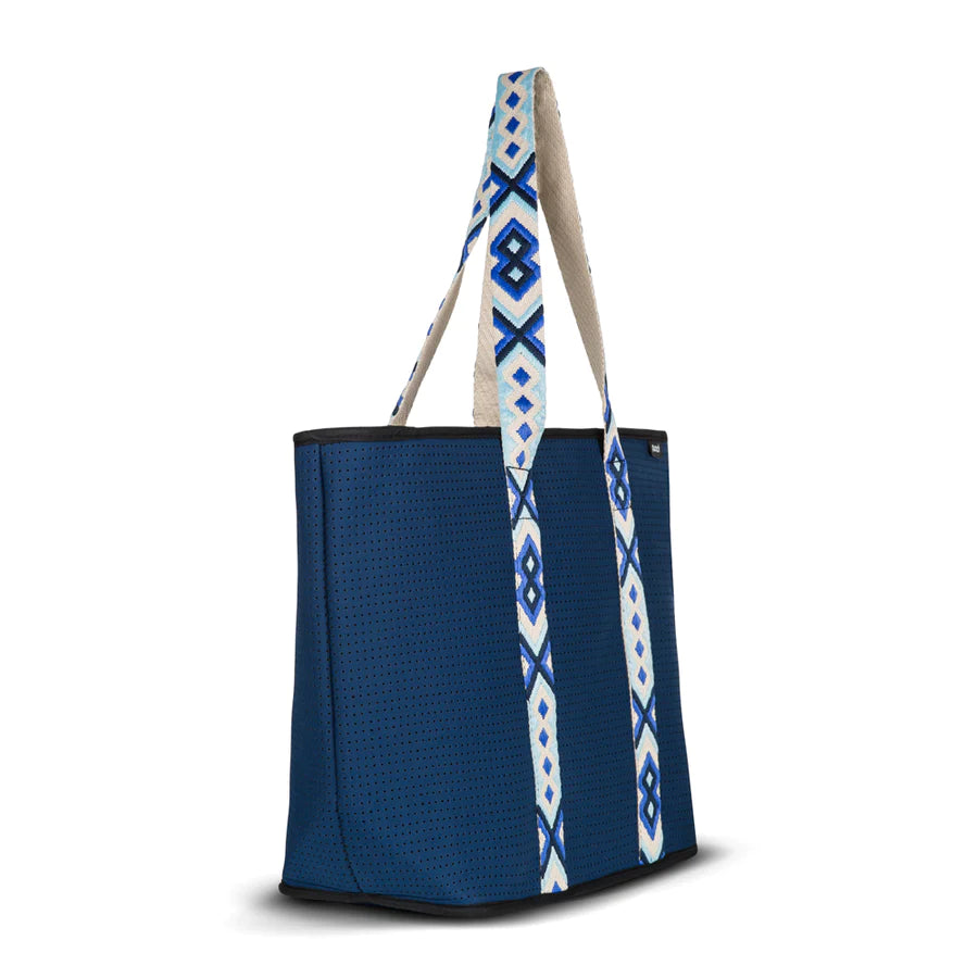 neoprene fancy zip tote bag - navy and blue strap