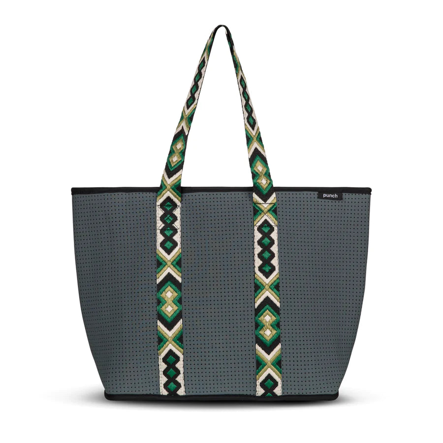 neoprene fancy zip tote bag - charcoal and green strap