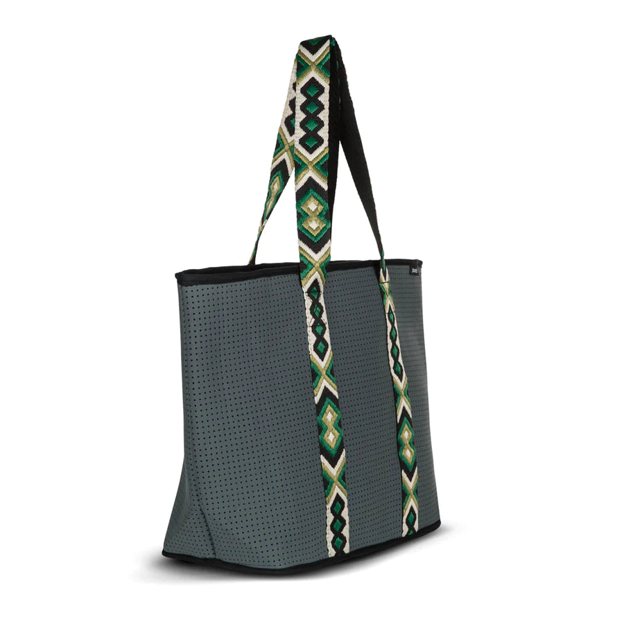 neoprene fancy zip tote bag - charcoal and green strap