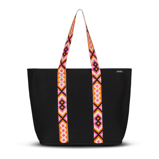 neoprene fancy zip tote bag -black and orange strap