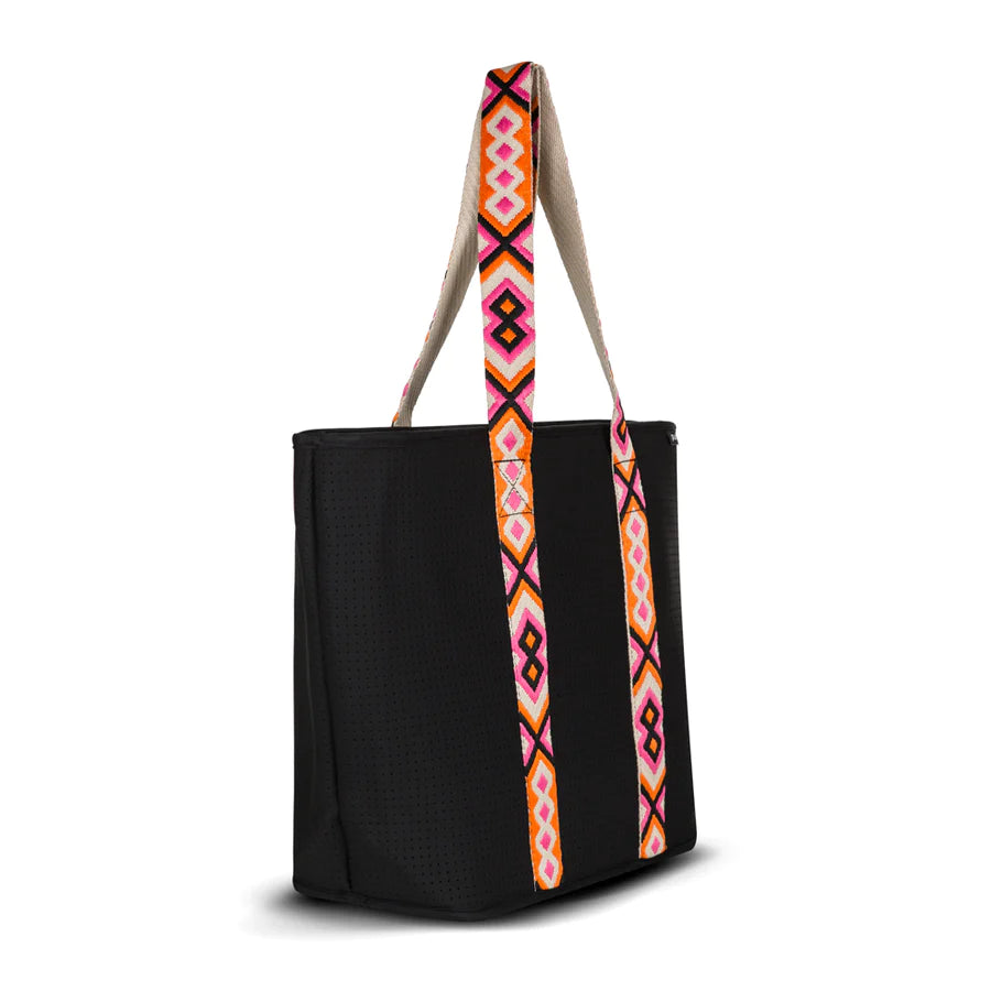 neoprene fancy zip tote bag -black and orange strap