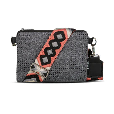 neoprene flat crossbody bag - melange grey with salmon strap /small