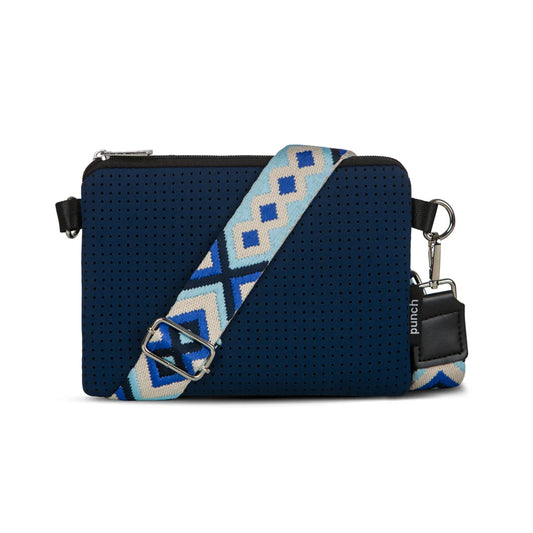 neoprene flat crossboy bag - navy with navy & blue strap /small
