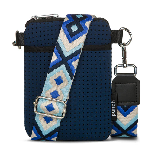 neoprene phone crossbody bag - navy with blue strap
