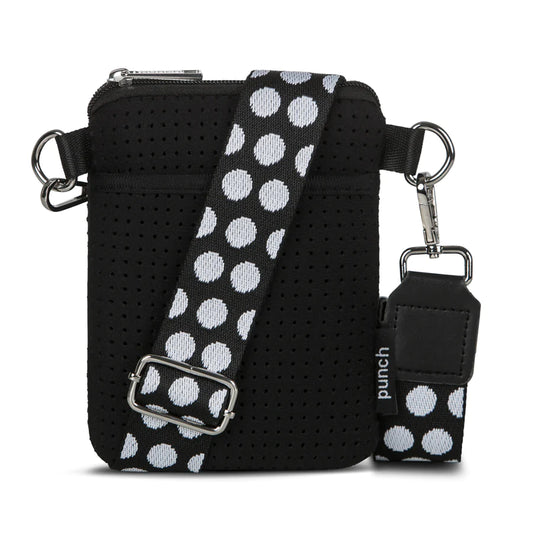 neoprene phone crossbody bag - black with black & white dot strap