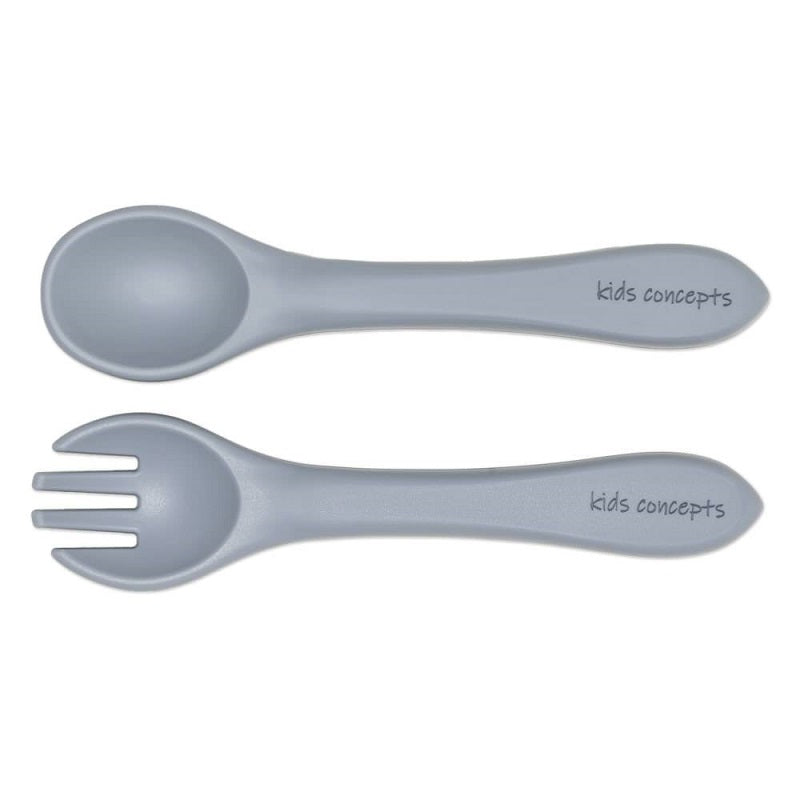 kids concepts soft silicone fork and spoon set - pebble