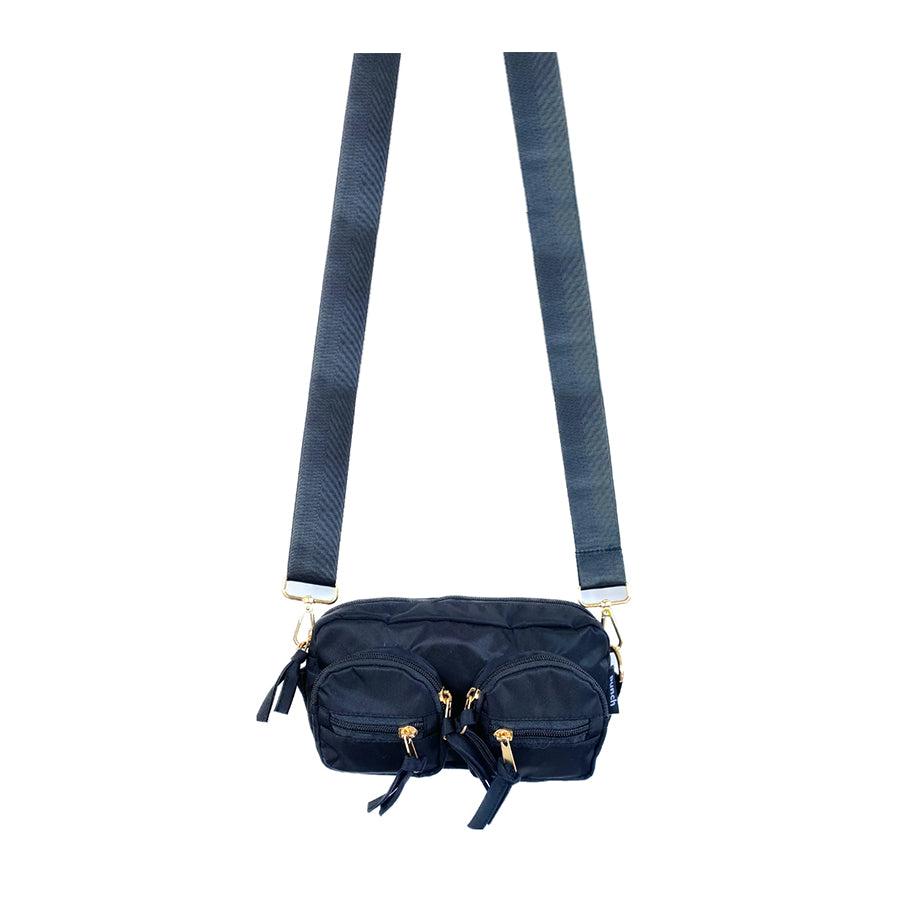 nylon double pocket cross body bag - black