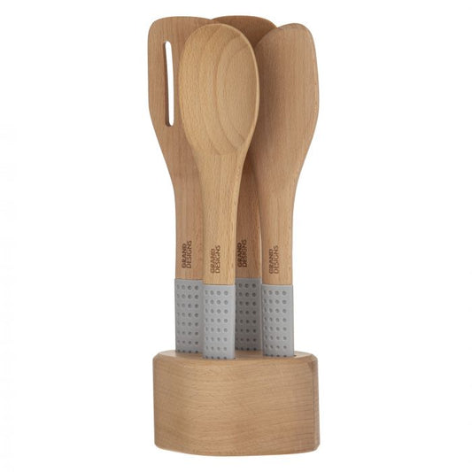 grand designs kitchen cooking utensils with stand 5pce natural/grey