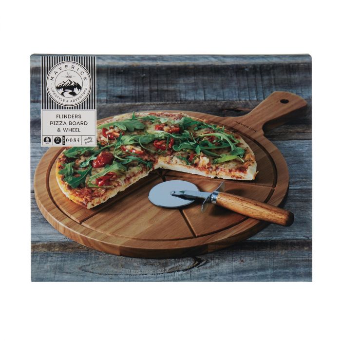 maverick flinders pizza board & wheel 2pce natural/stainless steel board
